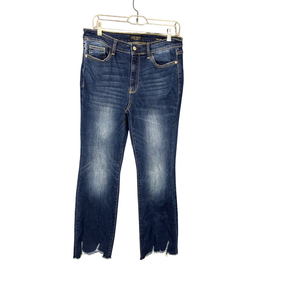 Judy Blue Jeans Size 31 Shark Bite Hem Bootcut Dark Wash High Rise Distressed